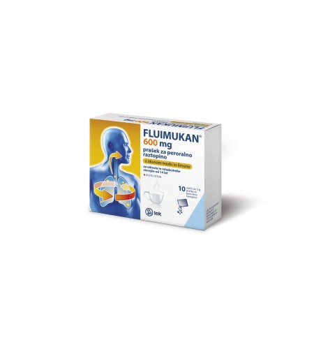 Fluimukan 600mg, 10 praškov za peroralno raztopino z okusom medu in limone