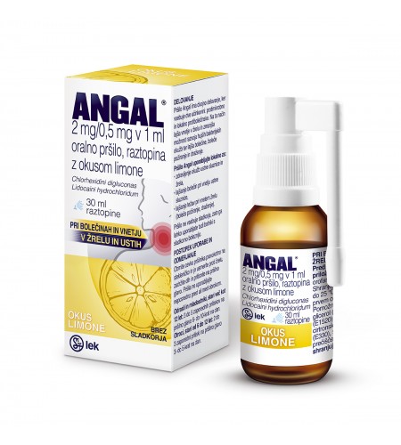 Angal z okusom limone 2mg/0,5mg v 1mL, oralno pršilo, raztopina, 30 mL