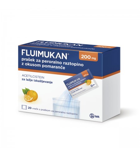Fluimukan 200mg/3g, 20 praškov za peroralno raztopino z okusom pomaranče